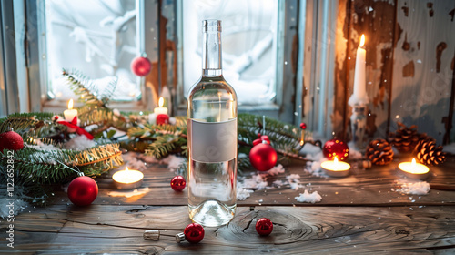 A clear wine bottle with a minimalist label, sitting on a rustic wooden table adorned with fir branches, red baubles, and glowing candles.