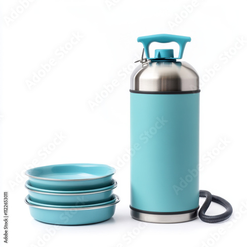 A turquoise insulated bottle alongside three matching plates, ideal for outdoor meals and picnics. photo