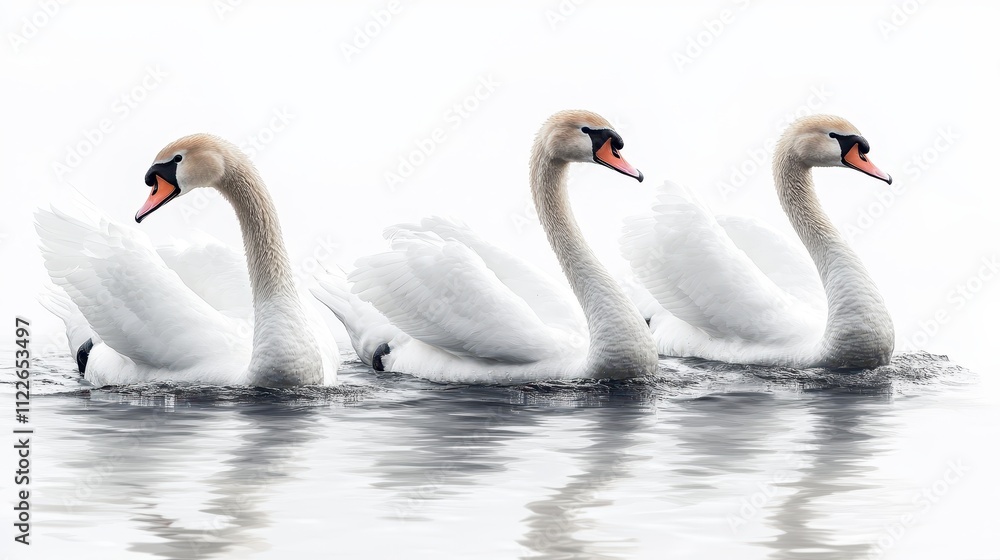 Obraz premium Three Graceful White Swans Swimming in Calm Water, Elegant Wildlife Photography with Minimalist Background