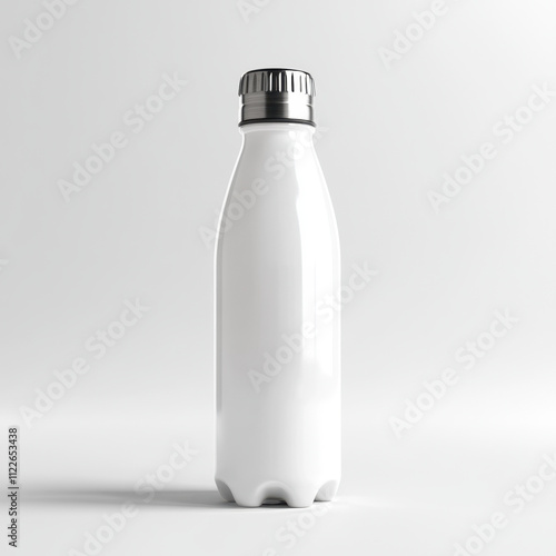 A sleek, white bottle with a metallic cap, designed for holding beverages, showcasing a modern and minimalist aesthetic. photo