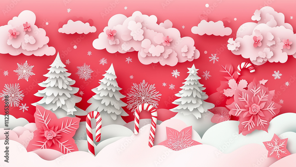 Fototapeta premium Paper Cut Style Christmas Composition with Christmas Trees, candy canes, clouds, Holiday Decorations, Winter Landscape