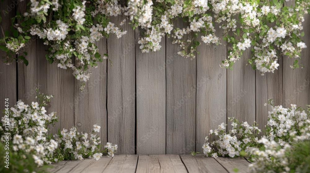 Obraz premium A serene wooden backdrop adorned with white flower, ideal for photography or events.