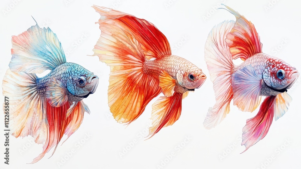 Fototapeta premium Stunning Watercolor Painting of Three Siamese Fighting Fish (Betta Splendens) with Vibrant, Flowing Fins - Red, Orange, and Blue Variations