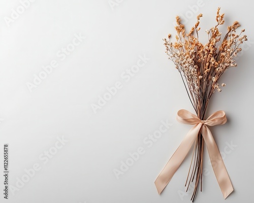 Overhead view of an orangetoned dried bouquet tied with silk ribbons, delicate and feminine photo