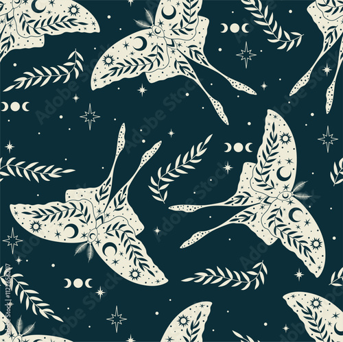 Magic blue seamless pattern with moths and herbs. Boho magic background with stars. 