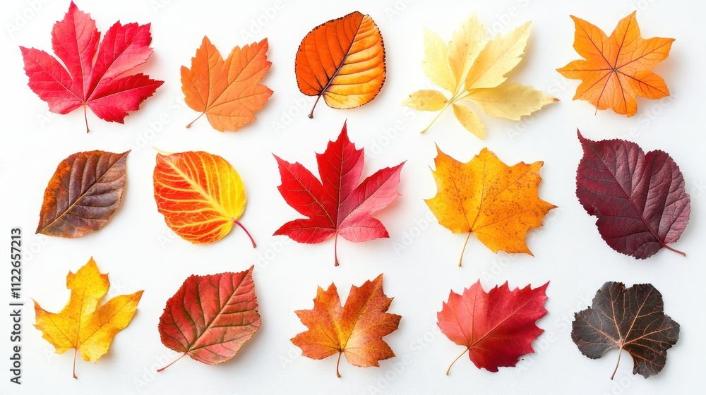 Obraz premium Collection of Vibrant Autumn Leaves Red, Orange, Yellow Fall Foliage Isolated on White Background - Perfect for Seasonal Designs
