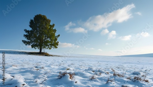 Winter serenitya solitary pine tree in a snow-covered field nature photography tranquil landscape wide-angled view peaceful environment photo