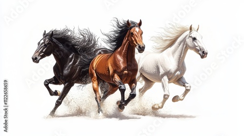 Three Majestic Horses in Full Gallop Stunning Digital Painting of Black, Chestnut, and White Stallions Running Freely