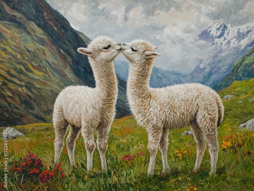 Fototapeta premium Baby alpacas nuzzling in mountain pasture nature scene pastoral environment serene viewpoint affectionate behavior for seo impact