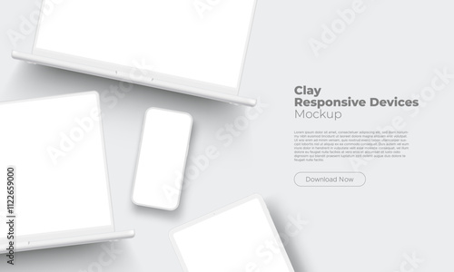 Clay Responsive Devices Mockup. Laptops, Tablet Computer, Smartphone. Vector Illustration