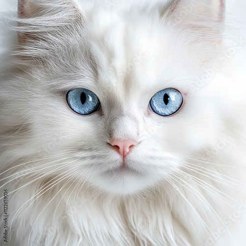 Stunning Close-Up Portrait of a White Cat with Bright Blue Eyes Fluffy Fur, Intense Gaze, Pet Photography