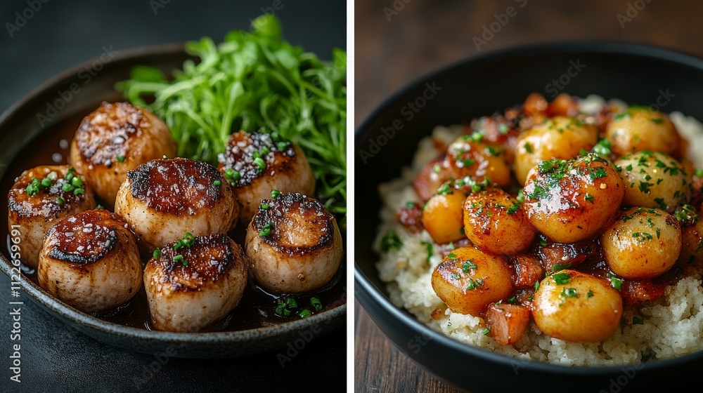 Delicious Seared Scallops with Fresh Greens and Flavorful Potatoes Delicious Seared Scallops with Fresh Greens and Flavorful Potatoes