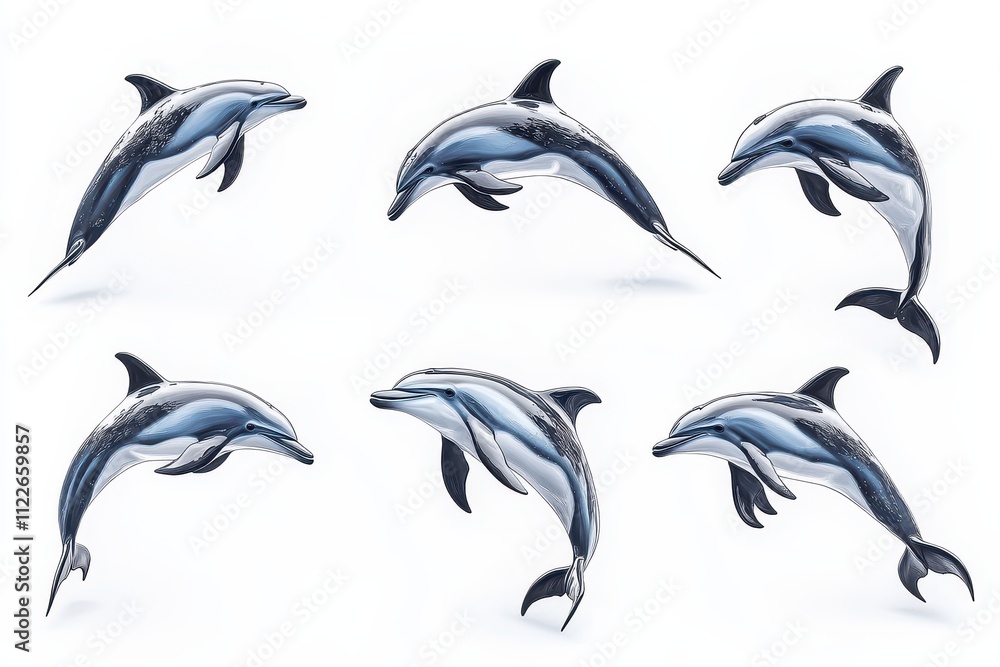 Fototapeta premium Six Stunning Dusky Dolphins Leaping High-Resolution Stock Photo of Marine Mammals in Dynamic Action
