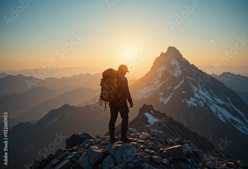 Sunrise over a mountain landscape with climbers walking towards a snowy peak under a colorful sky photo