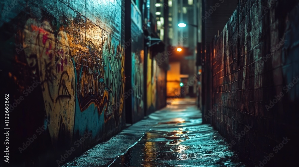 Fototapeta premium A dark alley with graffiti on the wall and a street light in the background