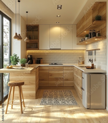 Cozy modern kitchen with natural wood cabinetry, bright sunlight, and a breakfast bar.