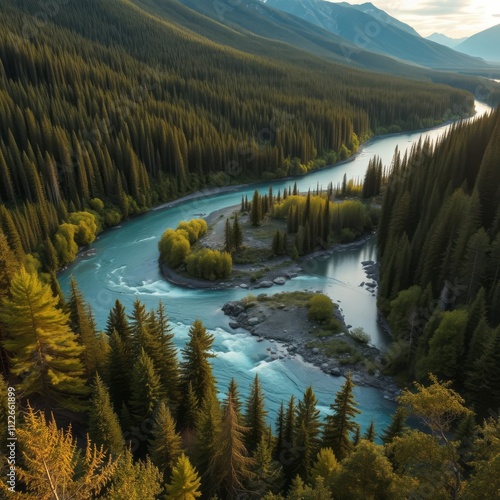 Aerial view of winding river, dense pine forest, golden autumn foliage, mountain landscape, turquoise water, river island, sunlit valley, vibrant colors, pristine wilderness, dramatic scenery, cinemat photo