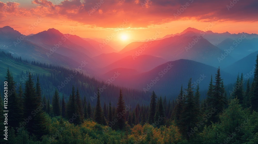 Obraz premium Vibrant Sunset Over Mountain Range with Lush Green Forests