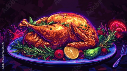 A delicious whole roasted chicken with rosemary, herbs, and vegetables in retro anime style with neon light.