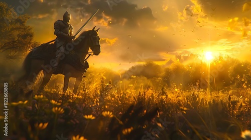 A heroic knight with a shining sword and a majestic steed in a lush landscape. photo