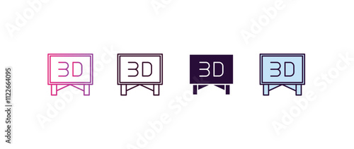 3 dimension screen gradient, line, filled, colored icon. editable vector from cinema concept. four different style 3 dimension screen icon isolated on white background