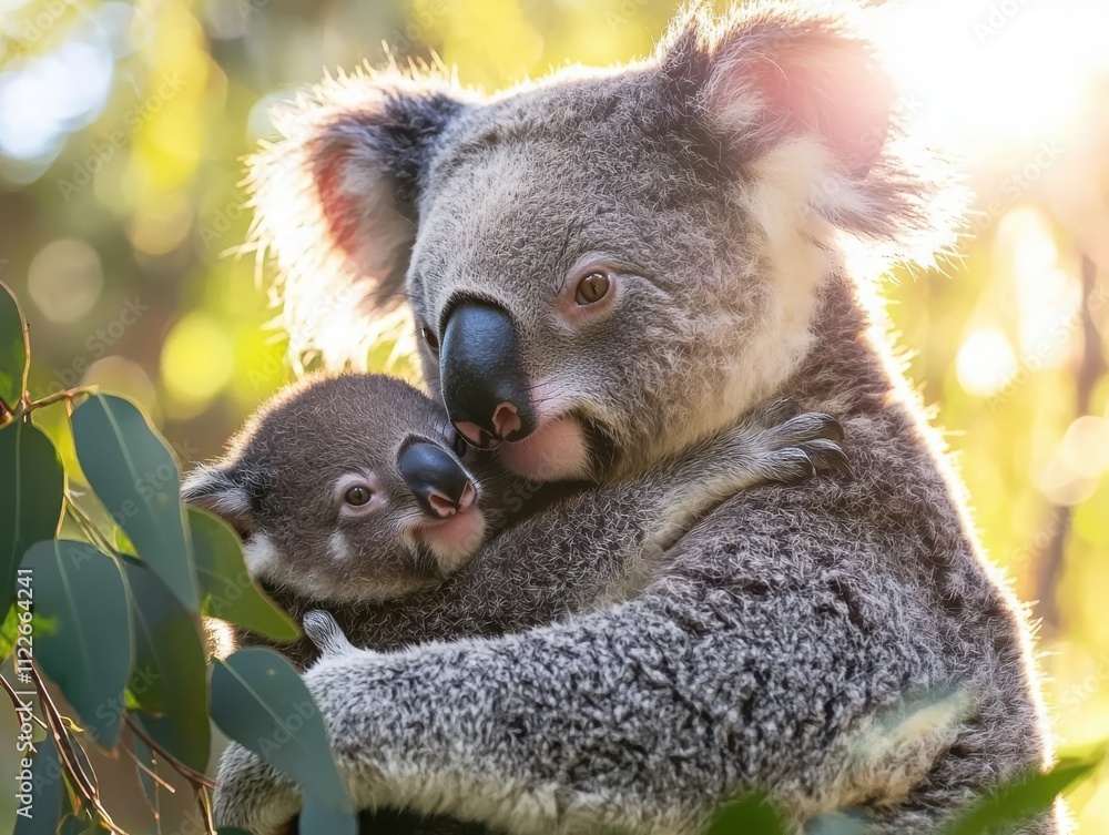 Fototapeta premium Koala joey clinging to mother in a soft eucalyptus forest nature photography serene environment close-up view of wildlife