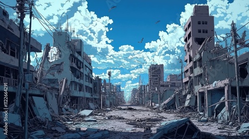 a destroyed radioactive town scene, anime manga art, technology