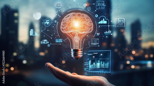 A light bulb with the brain of an artificial intelligence floating above it, surrounded by icons representing various AI techniques such as deep learning and machine vision