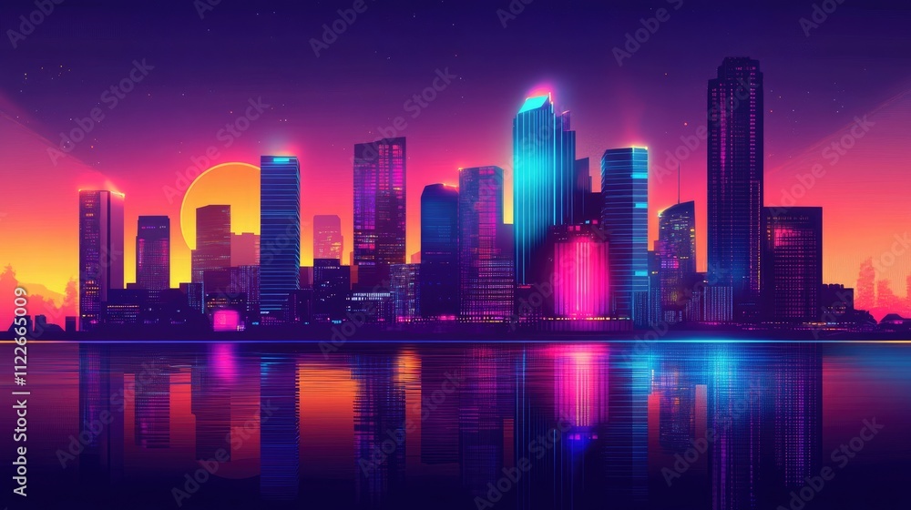 Obraz premium A Digital Illustration of a futuristic, cyberpunk city with skylines. Neon lights. Illustration of a modern cityscape. Dystopic urban wallpaper. Landscape background