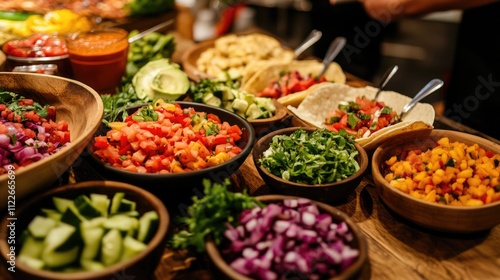 A DIY taco bar with various fillings, toppings, and sauces photo