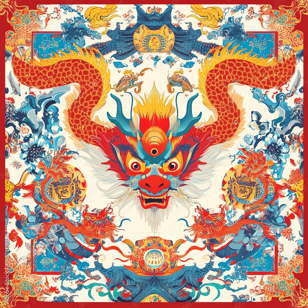 Obraz premium Vibrant artwork of a mythical dragon design with intricate details and colorful patterns.