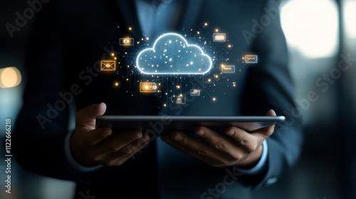 Businessman holding a tablet with cloud computing concept and technology icons floating above his hand on a blurred background. 