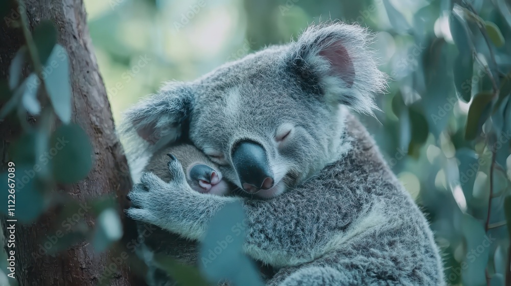 Fototapeta premium Wildlife photography cute koala baby clinging to mother in a soft eucalyptus forest