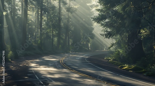 A road leading through a dense forest with shafts of sunlight breaking through the trees, the air filled with the scent of pine photo