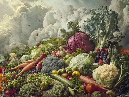 Exploring surreal vegetable dream statesa visual journey through a lush produce landscape in enigmatic clouds photo