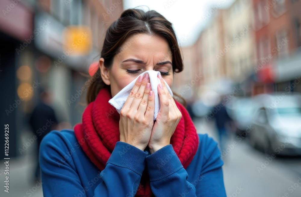 © Natalia Garidueva - A sick woman sneezing on the street, covering her nose with a white handkerchief © Natalia Garidueva - A sick woman sneezing on the street, covering her nose with a white handkerchief
