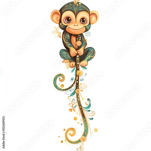 A cute, colorful monkey illustration with whimsical patterns and playful elements. photo