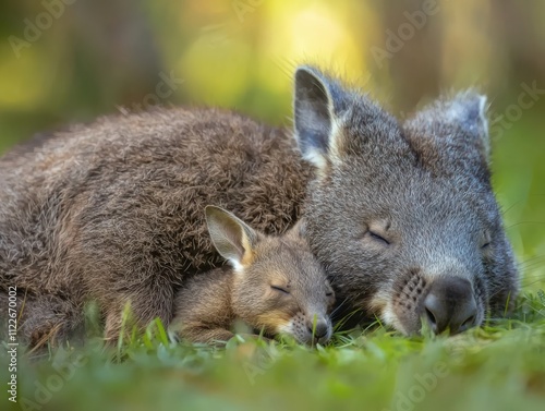 Wombat and wallaby joey resting together in soft australian bush animal photography peaceful environment natural concept photo