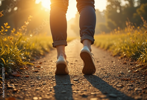 A person jogging on a path surrounded by nature while wearing running shoes and illuminated by ambient morning sunlight. photo