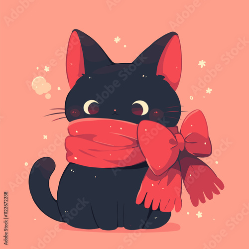 Charming Black Cat with Red Scarf in Whimsical Winter Scene. Vector Cute Cat.