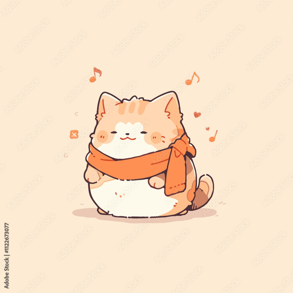 Obraz premium Adorable Cat with Scarf and Music Notes in Pastel Style. Vector Cute Cat.