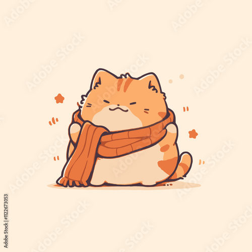 Cute Cartoon Cat Wrapped in Cozy Orange Scarf Amid Soft Pastel Background. Vector Cute Cat.