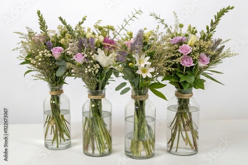 Wallpaper Mural Four identical glass vases filled with a variety of fragrant wildflowers and greenery creating a lush atmosphere, wildflower arrangements, botanical art, home furnishings, garden decor, planters Torontodigital.ca