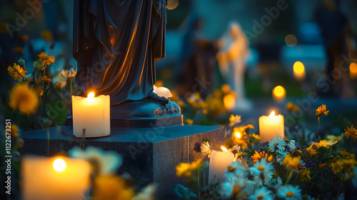 defocused Serene candlelit memorial with flowers and statue at dusk,Saint Brigid's Day photo