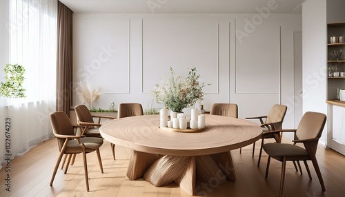 白い壁と木製の床を背景に、ナチュラルウッドの丸テーブルに飾られた花とキャンドルがアクセントとなるシンプルなリビングルーム。