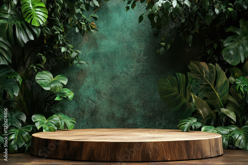 Green 3d podium with stone 
