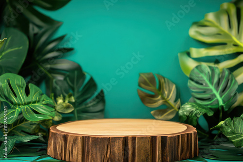 Green 3d podium with stone 
