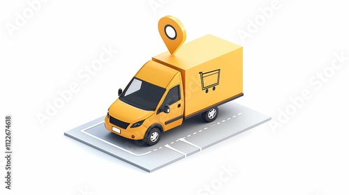 Inbound Process. A colorful, yellow delivery truck with a location pin, parked on a designated spot, symbolizing logistics and online shopping services. photo