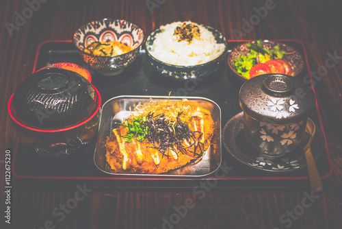 tonkastsu fried pork cut set lunch with japanese rice, steamed egg custard, miso soup