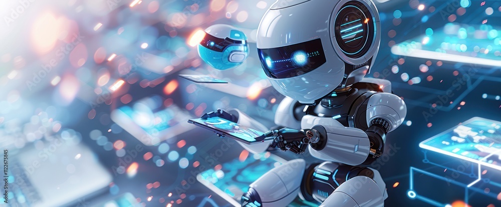 Fototapeta premium Futuristic Robot Using Tablet in Digital World